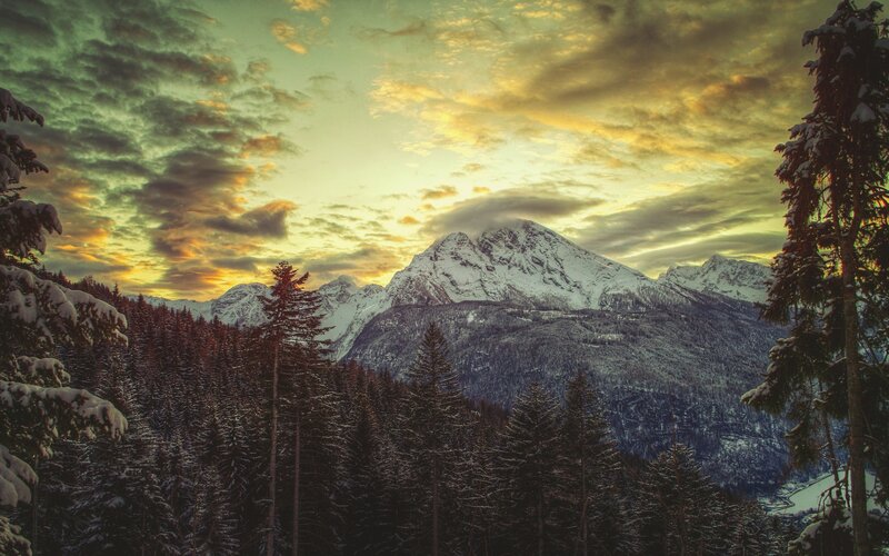 Snow-covered Mountains — Green, Dramatic, Winter, Photograph