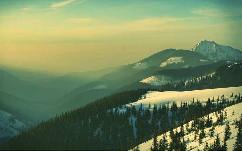 Snow-covered Mountains — Green, Serene, Winter, Photograph