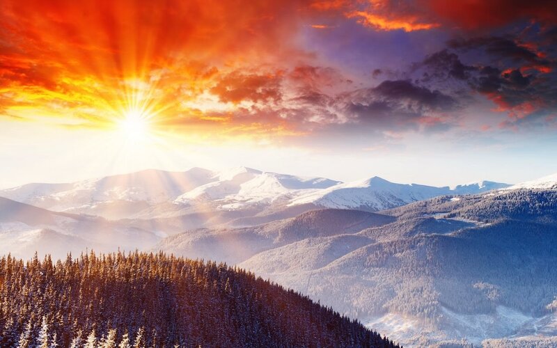 Snow-covered Mountains — Orange, Dramatic, Sunrise, Photograph, Sun