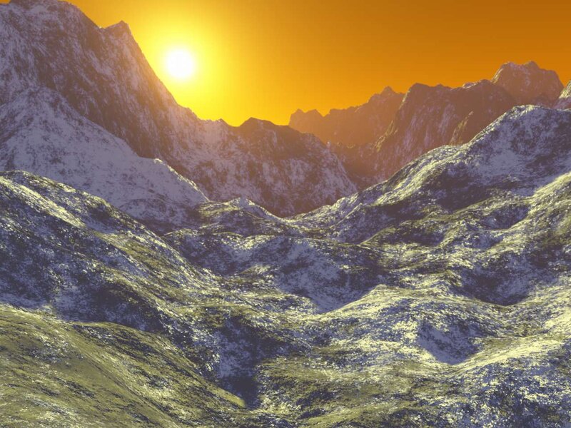 Snow-covered Mountains — Orange, Dramatic, Sunset, 3d Render, Sun