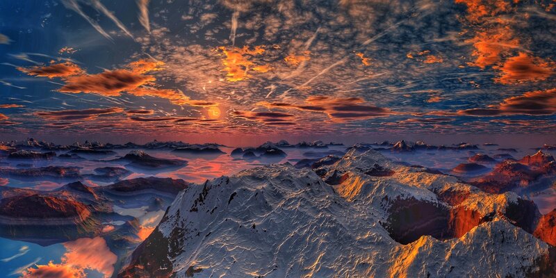 Snow-covered Mountains — Orange, Dramatic, Sunset, Digital Art, Clouds