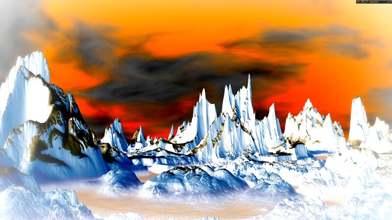 Snow-covered Mountains — Orange, Dramatic, Sunset, Digital Art, Sky