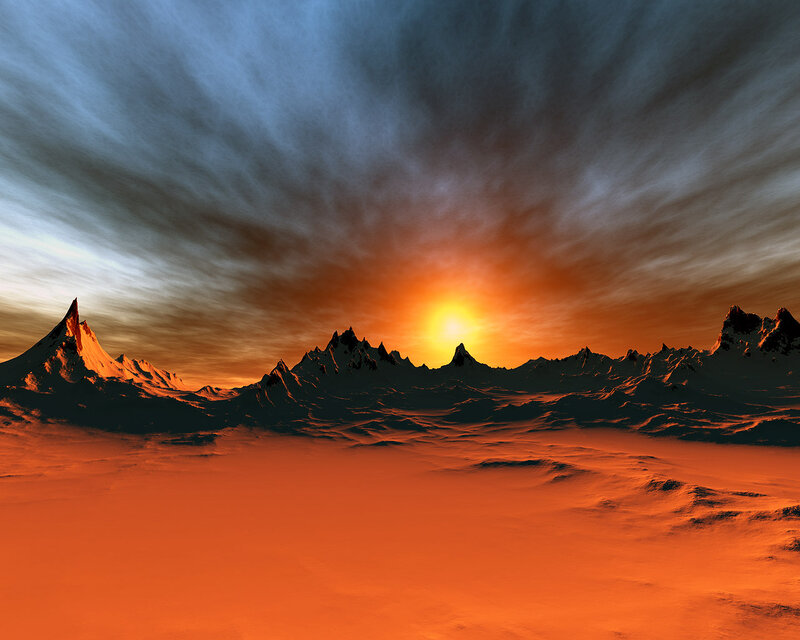 Snow-covered Mountains — Orange, Dramatic, Sunset, Digital Art, Sun