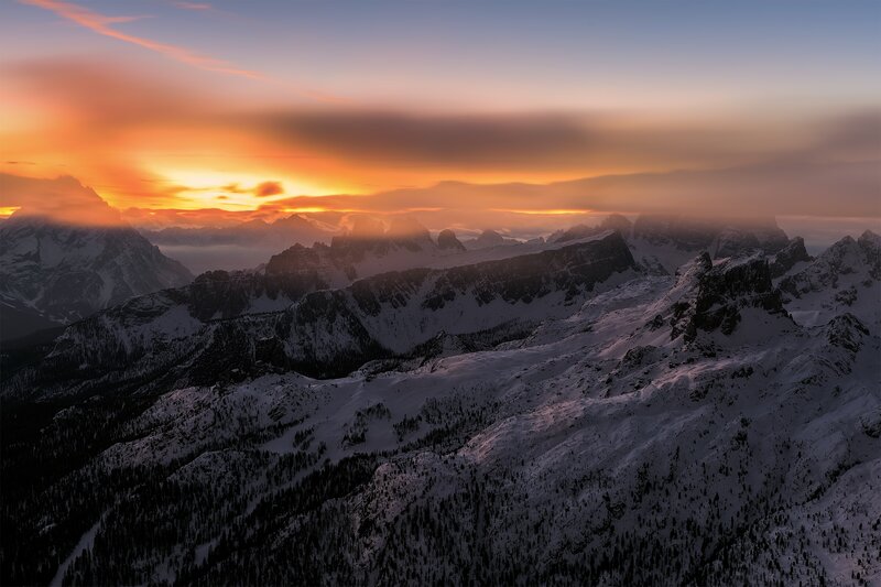 Snow-covered Mountains — Orange, Dramatic, Sunset, Photograph, Clouds, Forest