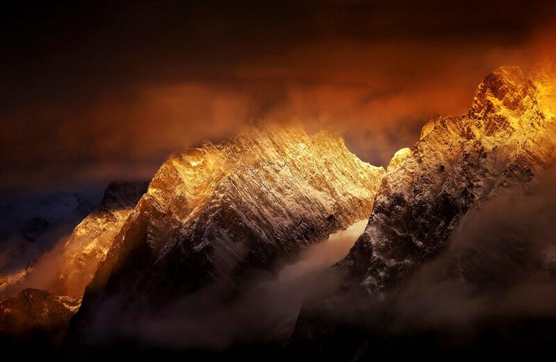 Snow-covered Mountains — Orange, Dramatic, Sunset, Photograph, Clouds