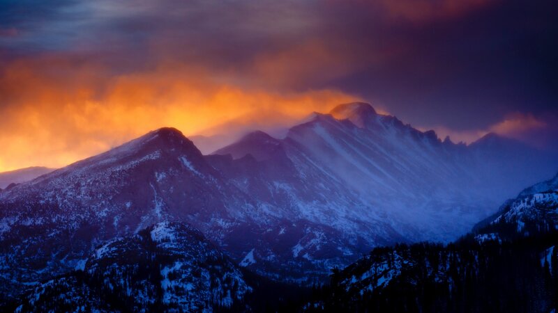 Snow-covered Mountains — Orange, Dramatic, Sunset, Photograph, Clouds, Trees
