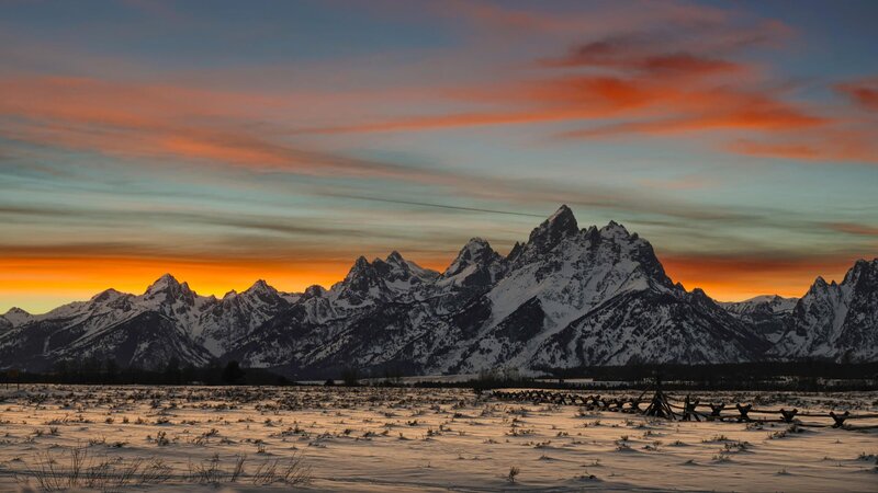Snow-covered Mountains — Orange, Dramatic, Sunset, Photograph, Field