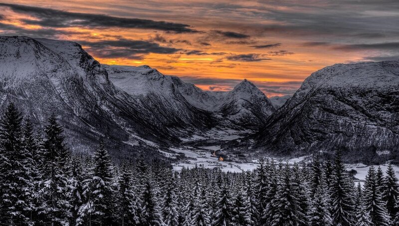 Snow-covered Mountains — Orange, Dramatic, Sunset, Photograph, Forest