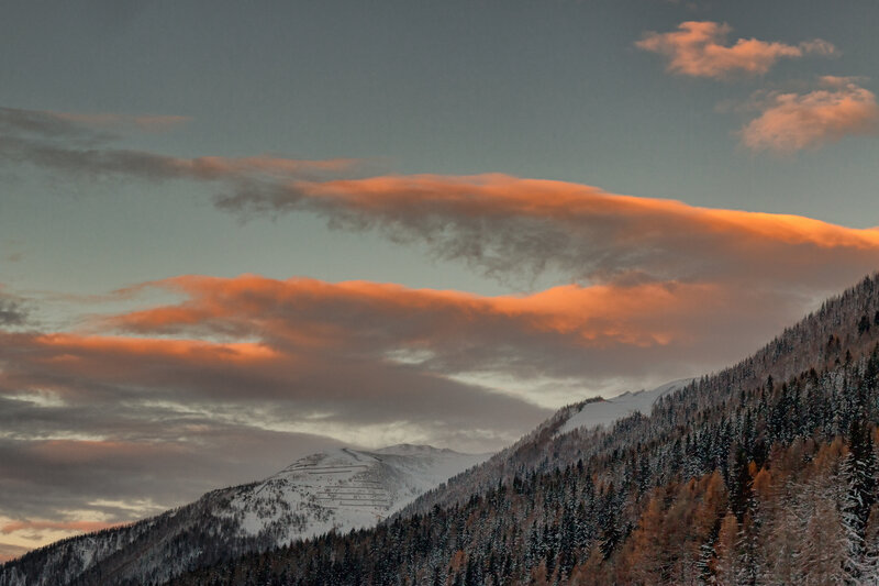 Snow-covered Mountains — Orange, Dramatic, Sunset, Photograph, Forests