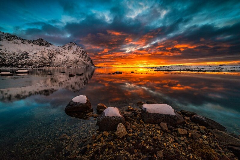 Snow-covered Mountains — Orange, Dramatic, Sunset, Photograph, Lake, Rocks
