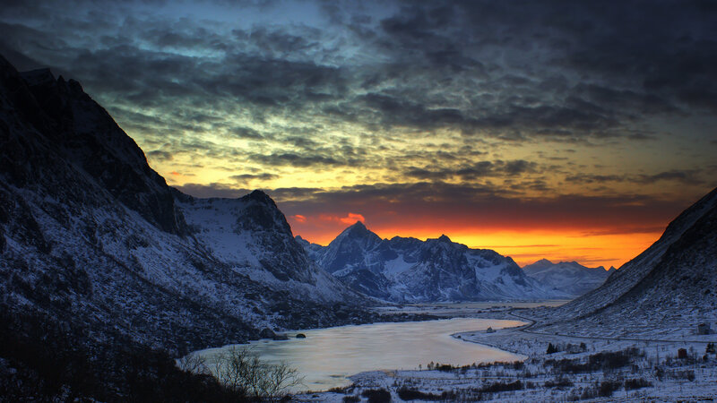 Snow-covered Mountains — Orange, Dramatic, Sunset, Photograph, Lake, Sky, Road