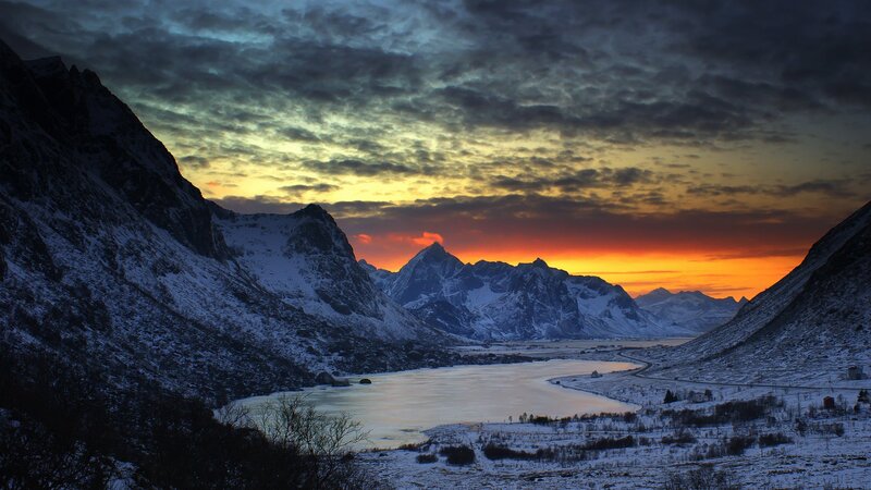 Snow-covered Mountains — Orange, Dramatic, Sunset, Photograph, Lake, Sky, Trees