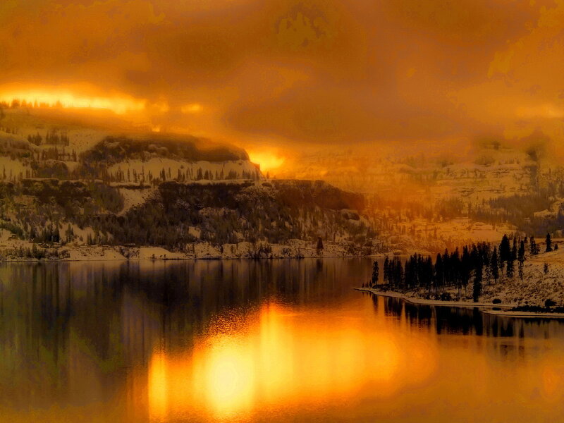 Snow-covered Mountains — Orange, Dramatic, Sunset, Photograph, Lake