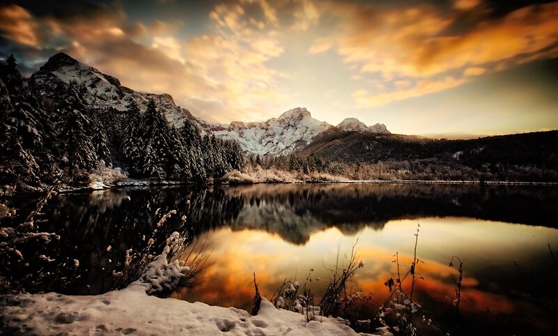 Snow-covered Mountains — Orange, Dramatic, Sunset, Photograph, Lake, Trees