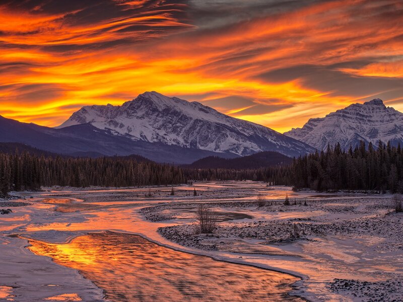 Snow-covered Mountains — Orange, Dramatic, Sunset, Photograph, River, Forest