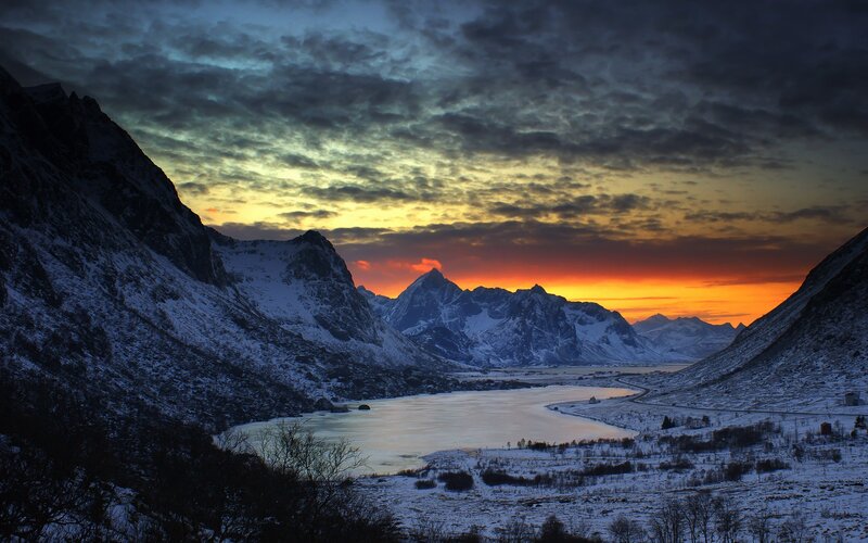 Snow-covered Mountains — Orange, Dramatic, Sunset, Photograph, River