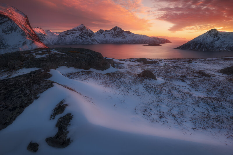 Snow-covered Mountains — Orange, Dramatic, Sunset, Photograph, Sea