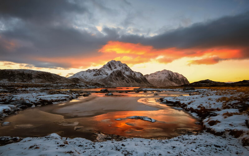 Snow-covered Mountains — Orange, Dramatic, Sunset, Photograph, Sky, Pond