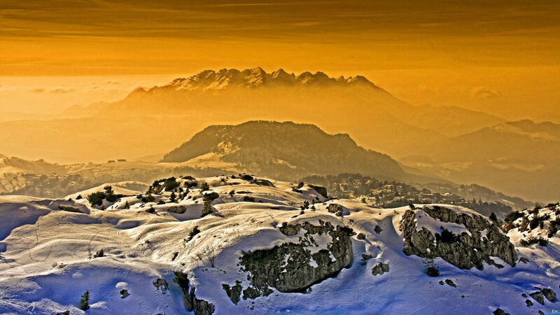 Snow-covered Mountains — Orange, Dramatic, Sunset, Photograph, Snow, Sky