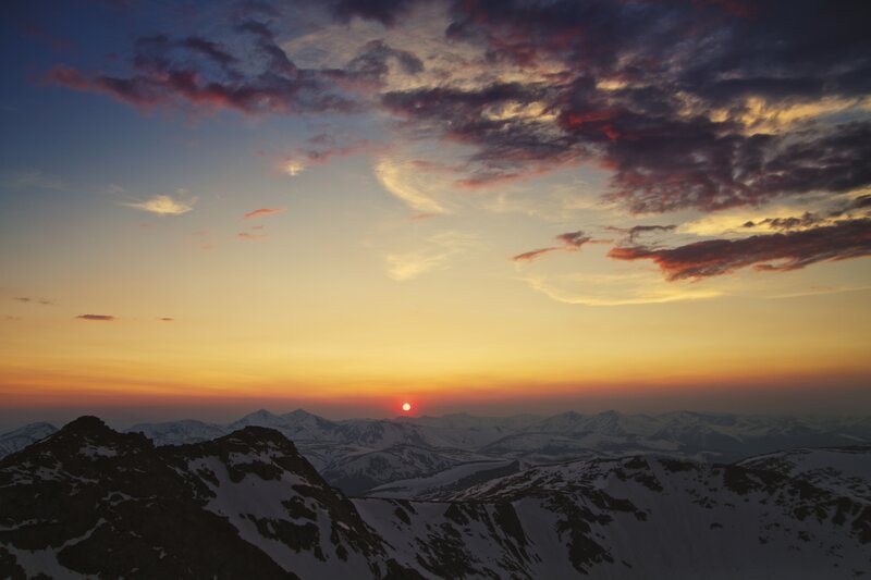 Snow-covered Mountains — Orange, Dramatic, Sunset, Photograph, Sun, Clouds, Mountain Range
