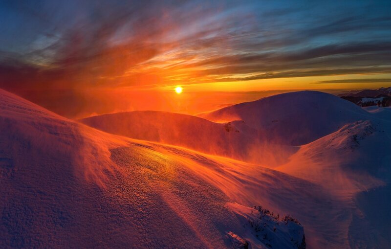 Snow-covered Mountains — Orange, Dramatic, Sunset, Photograph, Sun, Clouds