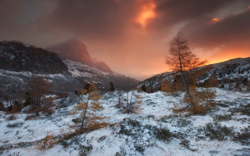 Snow-covered Mountains — Orange, Dramatic, Sunset, Photograph, Trees, Clouds