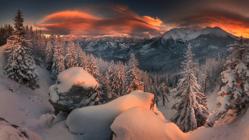 Snow-covered Mountains — Orange, Dramatic, Sunset, Photograph, Trees, Rocks