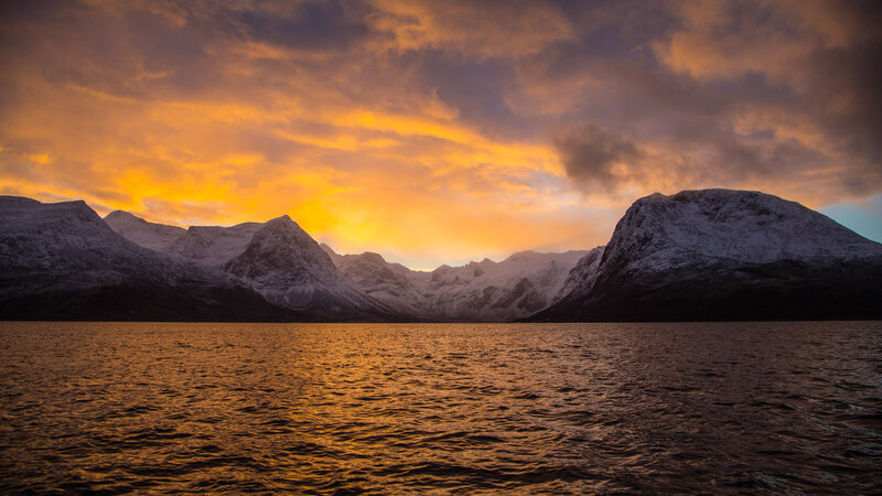 Snow-covered Mountains — Orange, Dramatic, Sunset, Photograph, Water, Sky