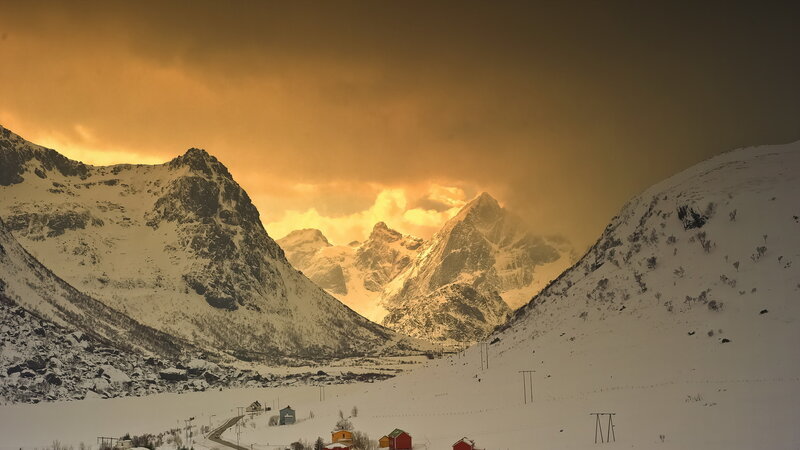 Snow-covered Mountains — Orange, Dramatic, Winter, Photograph, Village