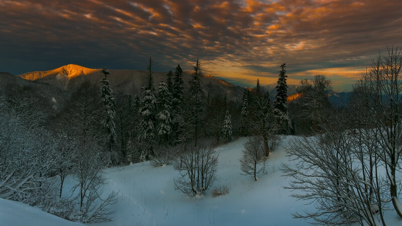 Snow-covered Mountains — Orange, Dramatic, Winter