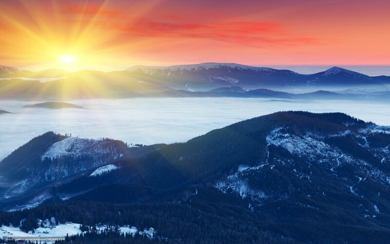 Snow-covered Mountains — Orange, Serene, Sunrise, Photograph, Clouds
