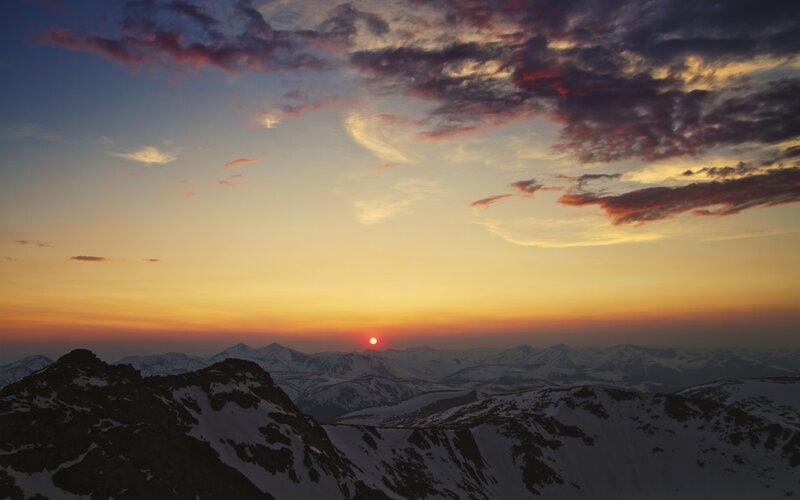 Snow-covered Mountains — Orange, Serene, Sunset, Photograph, Sun, Clouds, Mountain Range