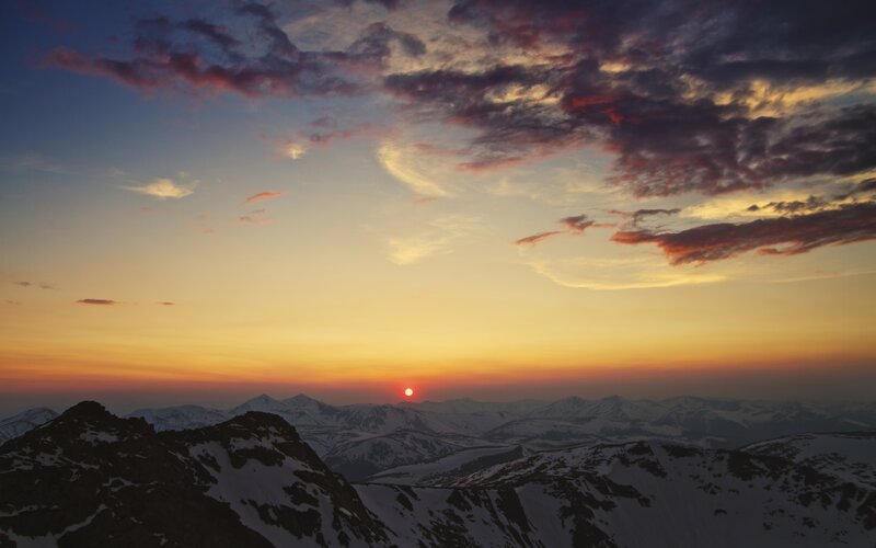 Snow-covered Mountains — Orange, Serene, Sunset, Photograph, Sun, Clouds
