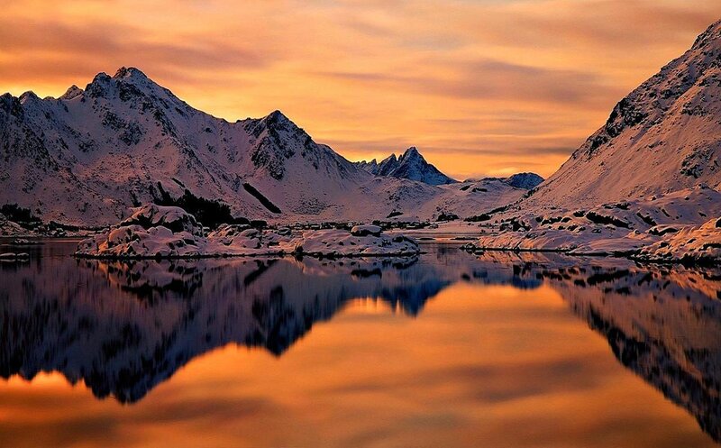 Snow-covered Mountains — Orange, Serene, Sunset, Photograph