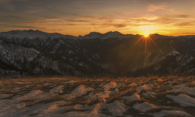 Snow-covered Mountains — Orange, Serene, Sunset