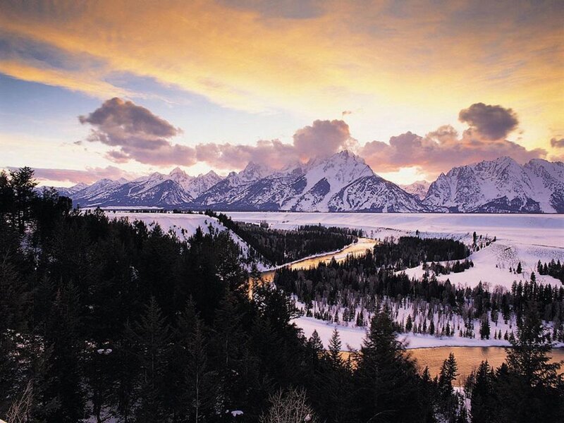 Snow-covered Mountains — Orange, Serene, Winter, Photograph, River