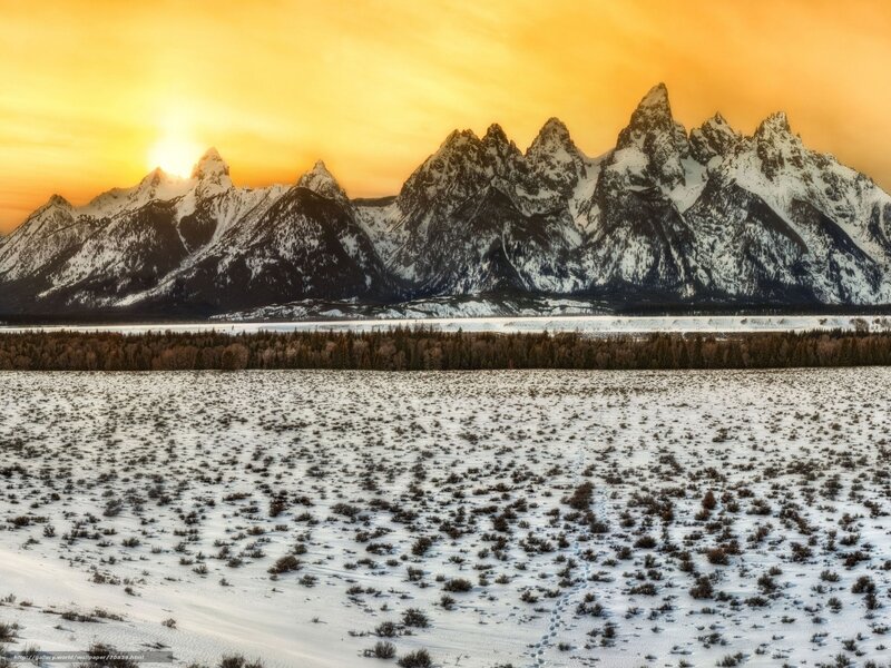 Snow-covered Mountains — Orange, Serene, Winter, Photograph, Sunset