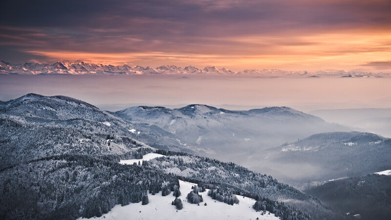 Snow-covered Mountains — Orange, Serene, Winter, Photograph