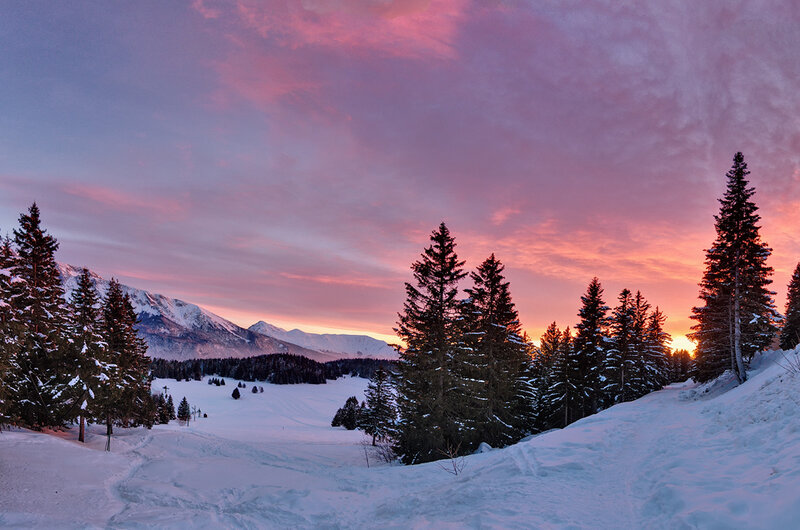 Snow-covered Mountains — Pink, Serene, Sunset