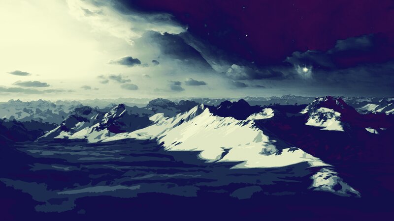 Snow-covered Mountains — Purple, Dramatic, Night, Digital Art, Clouds