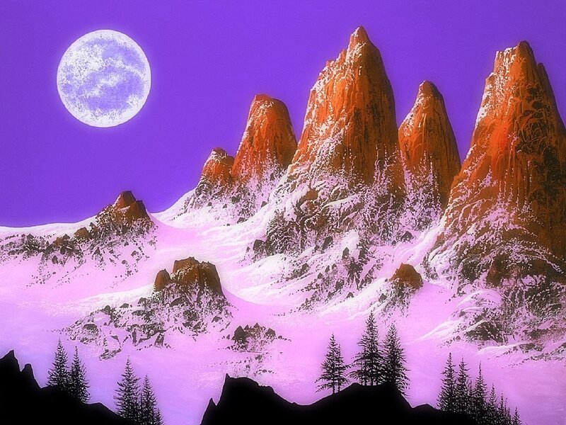 Snow-covered Mountains — Purple, Dramatic, Night, Digital Art, Moon