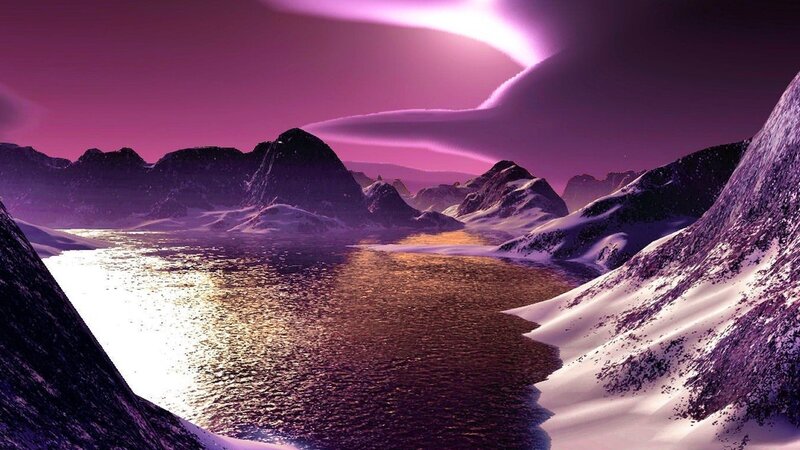Snow-covered Mountains — Purple, Dramatic, Night, Digital Art, River