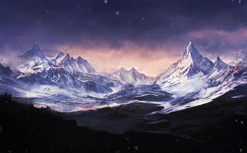 Snow-covered Mountains — Purple, Dramatic, Night, Digital Art, Sky