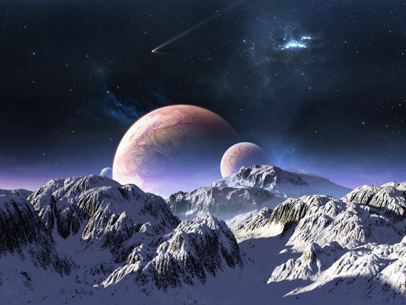 Snow-covered Mountains — Purple, Dramatic, Night, Digital Art