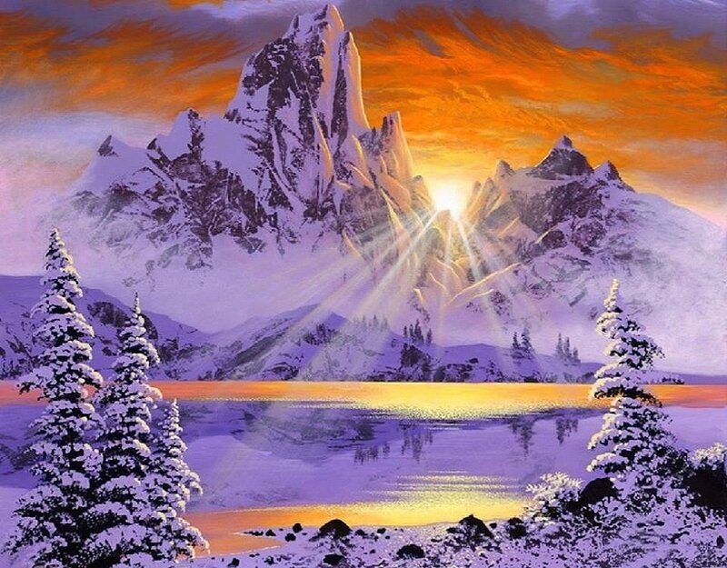 Snow-covered Mountains — Purple, Dramatic, Sunrise, Painting