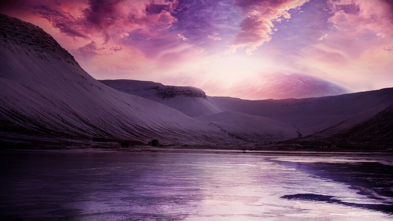 Snow-covered Mountains — Purple, Dramatic, Sunset, Digital Art, Lake
