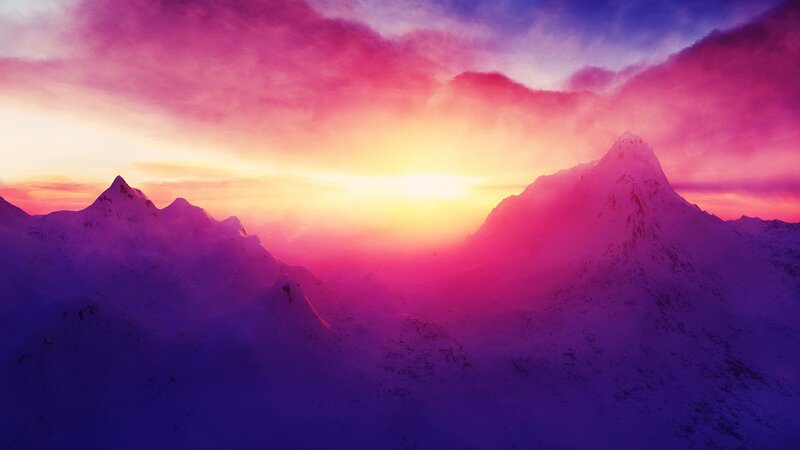 Snow-covered Mountains — Purple, Dramatic, Sunset, Digital Art, Sky, Clouds, Pink