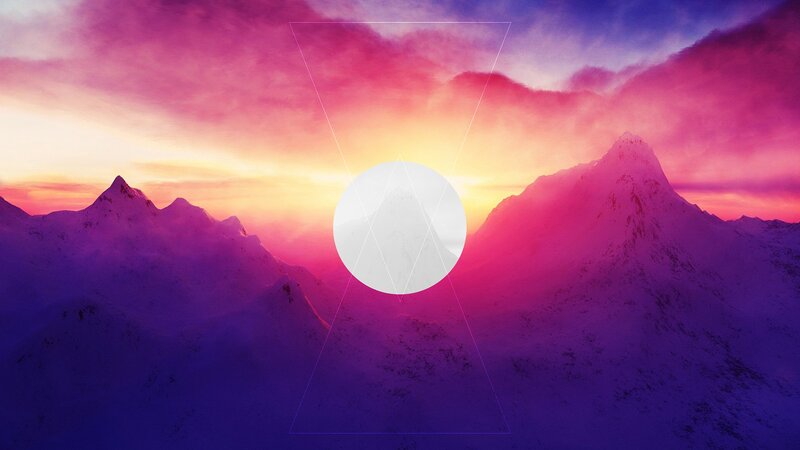 Snow-covered Mountains — Purple, Dramatic, Sunset, Digital Art, Sky, Sun, Geometric Shapes