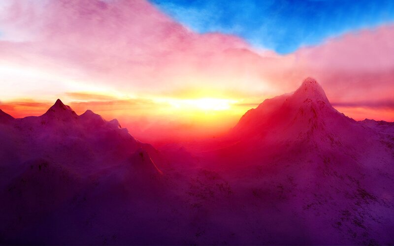 Snow-covered Mountains — Purple, Dramatic, Sunset, Digital Art, Sky, Sun