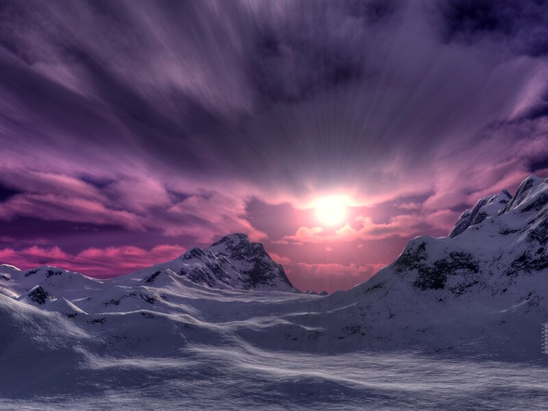 Snow-covered Mountains — Purple, Dramatic, Sunset, Digital Art, Sun